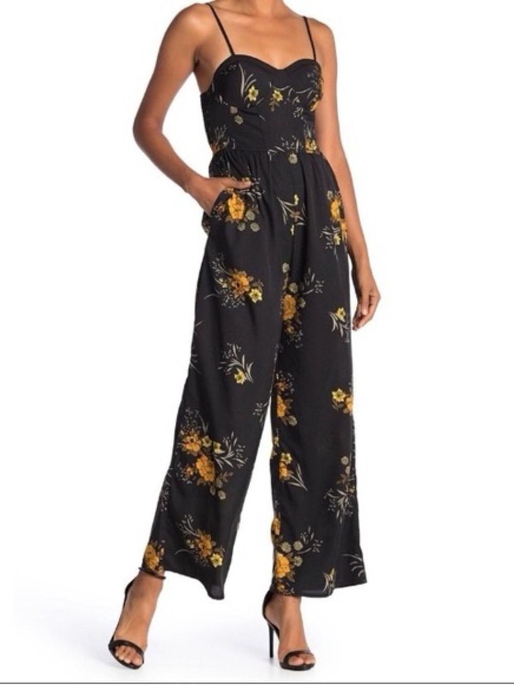Band of Gypsies Black Floral Wide-Leg Jumpsuit with Spaghetti Straps, small